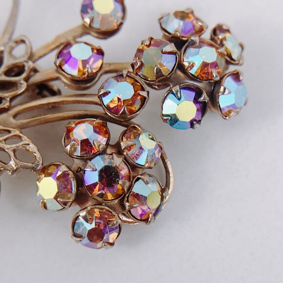 VTG Mid Century Gold Tone Aurora Borealis Rhinestone Floral Brooch Pin 50s 60s - Picture 6 of 9